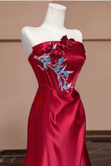 Red Satin Strapless Appliques Pleats Prom Dress