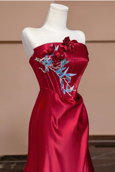 Red Satin Strapless Appliques Pleats Prom Dress