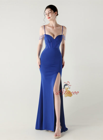 Mermaid Spaghetti Straps Split Bading Prom Dress