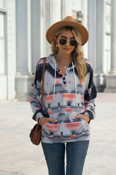 Geometric Pattern Long Sleeve Hooded Button Top