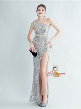 Mermaid One Shoulder Sequins Split Prom Dress