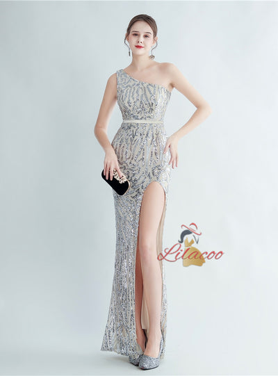 Mermaid One Shoulder Sequins Split Prom Dress