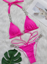 Sexy Crystal Diamond Solid Color Strap Bikini