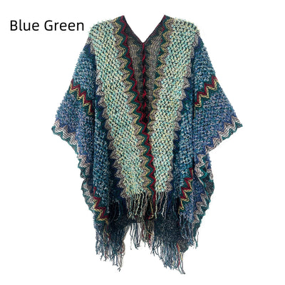 Ethnic White Knitted Split Tassels Shawl