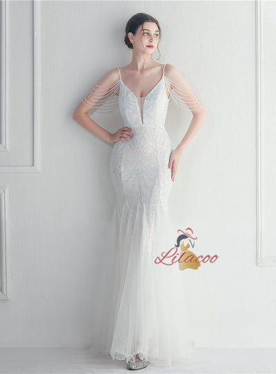 Mermaid Sequins Tulle Spaghetti Straps Beading Prom Dress