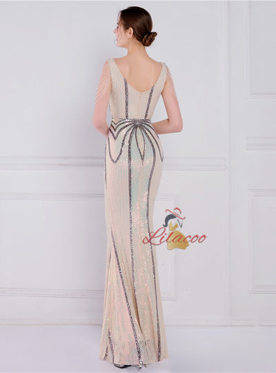 V-neck Mermaid Sequins Beading Prom Dress