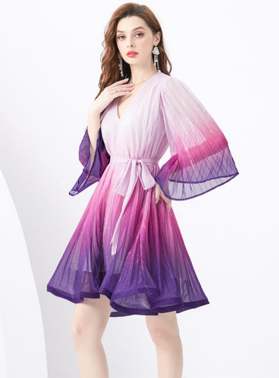Holiday V-neck Trumpet Sleeve Pleated Gradient Dress