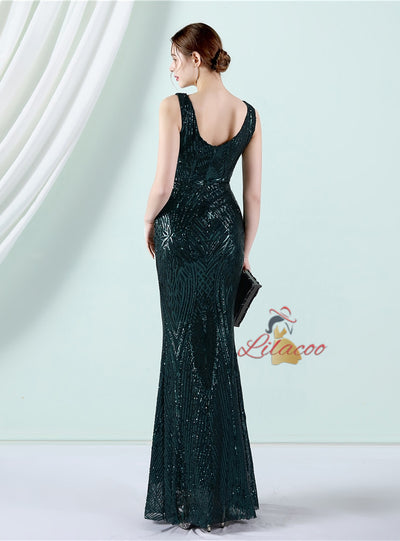 V-neck Mermaid Sequins Sleeveless Prom Dress