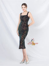 Sheath Sequins Straps Tea Length Prom Dress