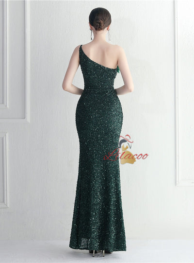One Shoulder Mermaid Sequins Split Prom Dress