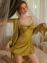 Satin Stitching Lace Backless Nightdress with Chest Pad
