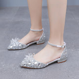 Flat-heeled Pointed Crystal Buckle Bridal Shoes