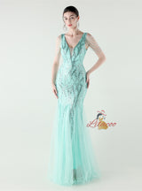 Mermaid Sequins Tulle V-neck Beading Prom Dress