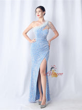 One Shoulder Sequins Split Prom Dress