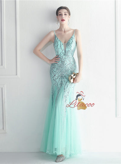 Spaghetti Straps Tulle Sequins Prom Dress