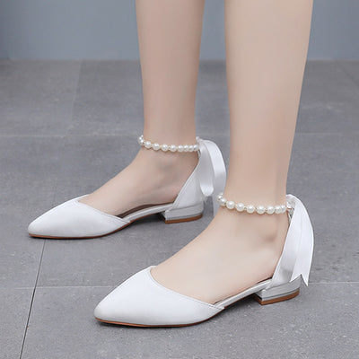 Flat-heeled Pointed Satin Beaded Bridal Shoes