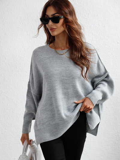 Round Neck Knitted Loose Split Pullover Sweater