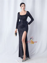 Long Sleeve Sequins Split Prom Dress