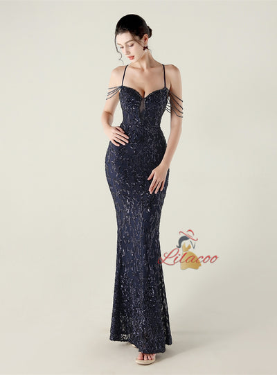 Mermaid Sequins Spaghetti Straps Beading Prom Dress