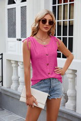 Solid Color Round Neck Button Drawstring T-Shirt
