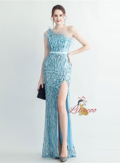 Women One Shoulder Sequins Split Prom Dress