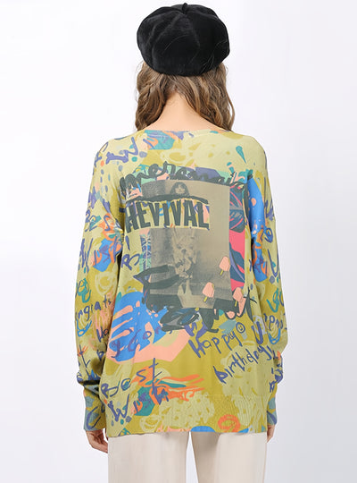 Round Neck Loose Medium and Long Printed Sweater