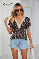 Lace V-neck Short Sleeve Print T-shirt