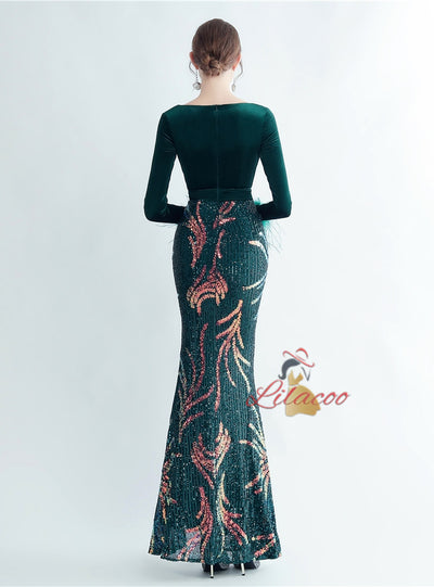 Velvet Sequins Long Sleeve V-neck Prom Dress