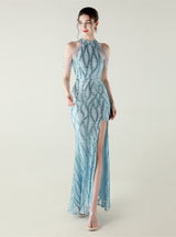 Mermaid Sequins Halter Beading Prom Dress