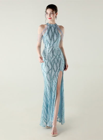 Mermaid Sequins Halter Beading Prom Dress
