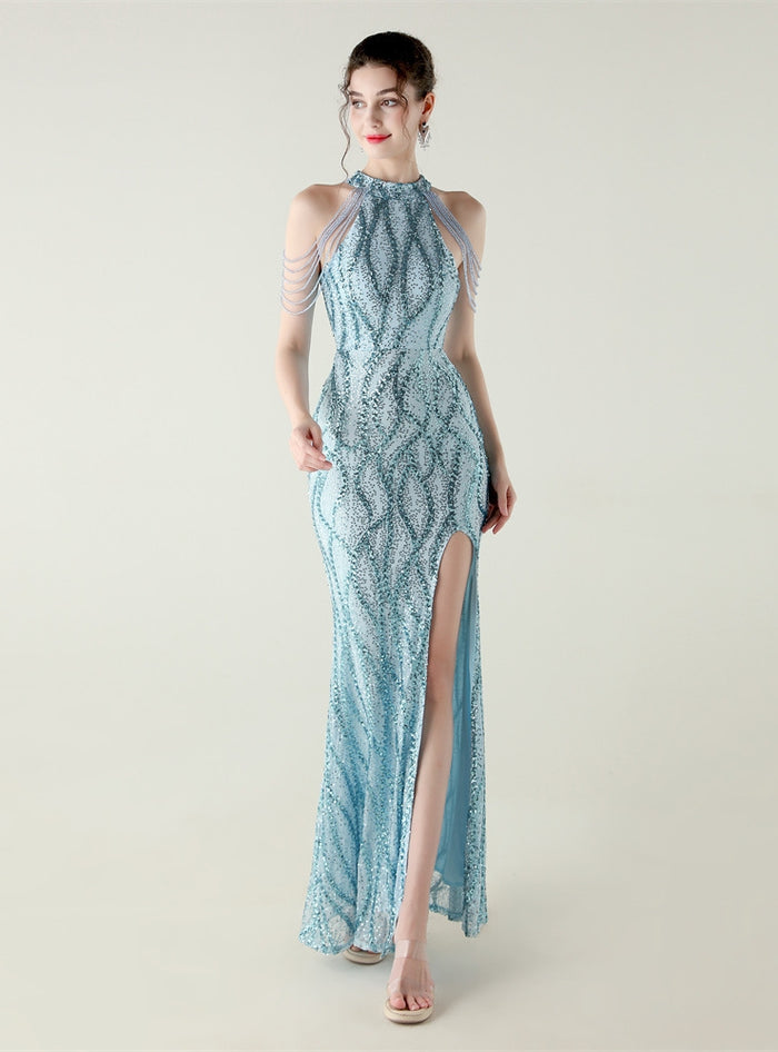 Mermaid Sequins Halter Beading Prom Dress