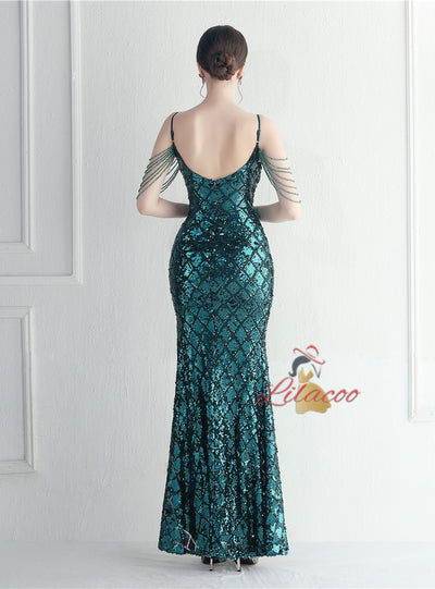 Spaghetti Straps Sequins Beading Prom Dress