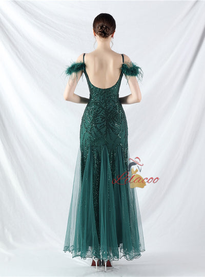 Spaghetti Straps Sequins Feather Prom Dress