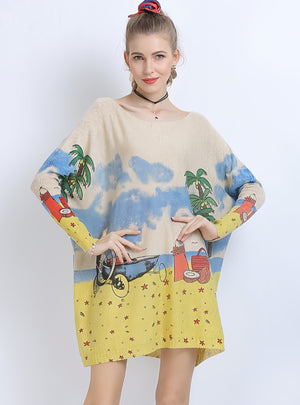Loose Long-sleeved Seaside Printed Sweater
