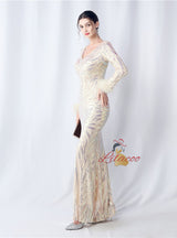 Long Sleeve V-neck Mermaid Sequins Prom Dress