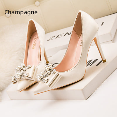 Satin Pointed Pearl Bow High Heels