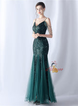 Sequins Tulle Straps Beading Prom Dress