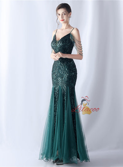 Sequins Tulle Straps Beading Prom Dress