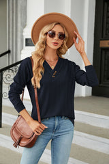 V-neck Button Loose Long Sleeve T-shirt