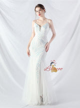 Spaghetti Straps Mermaid Sequins Tulle Beading Prom Dress