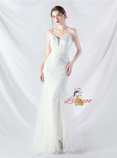 Spaghetti Straps Mermaid Sequins Tulle Beading Prom Dress