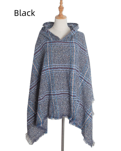 Shaggy Plaid Hooded Cloak Shawl