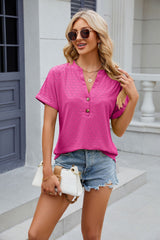 Solid Color V-neck Button Short Sleeve T-shirt