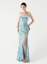 Mermaid One Shoulder Sequins Feather Prom Dress