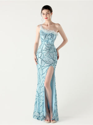 Mermaid One Shoulder Sequins Feather Prom Dress