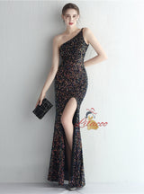 Mermaid Sequins One Shoulder Split Prom Dress