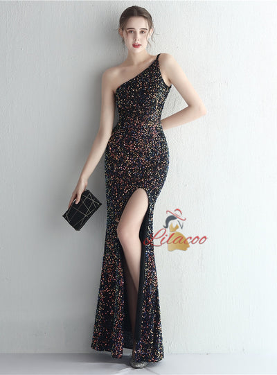 Mermaid Sequins One Shoulder Split Prom Dress