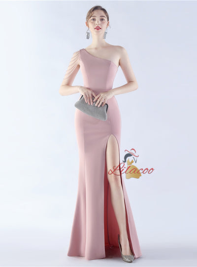One Shoulder Beading Split Prom Dress