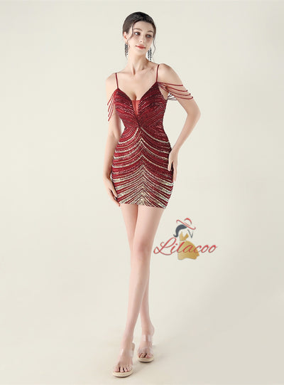 Spaghetti Straps Sequins Beading Short Prom Dress