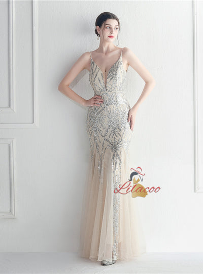 Sequins Tulle Spaghetti Straps Prom Dress